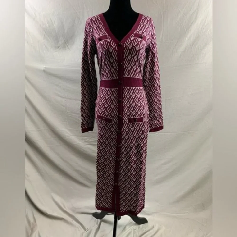 Burgundy Button Front Pattern Sweater Dress - Picture 1 of 5